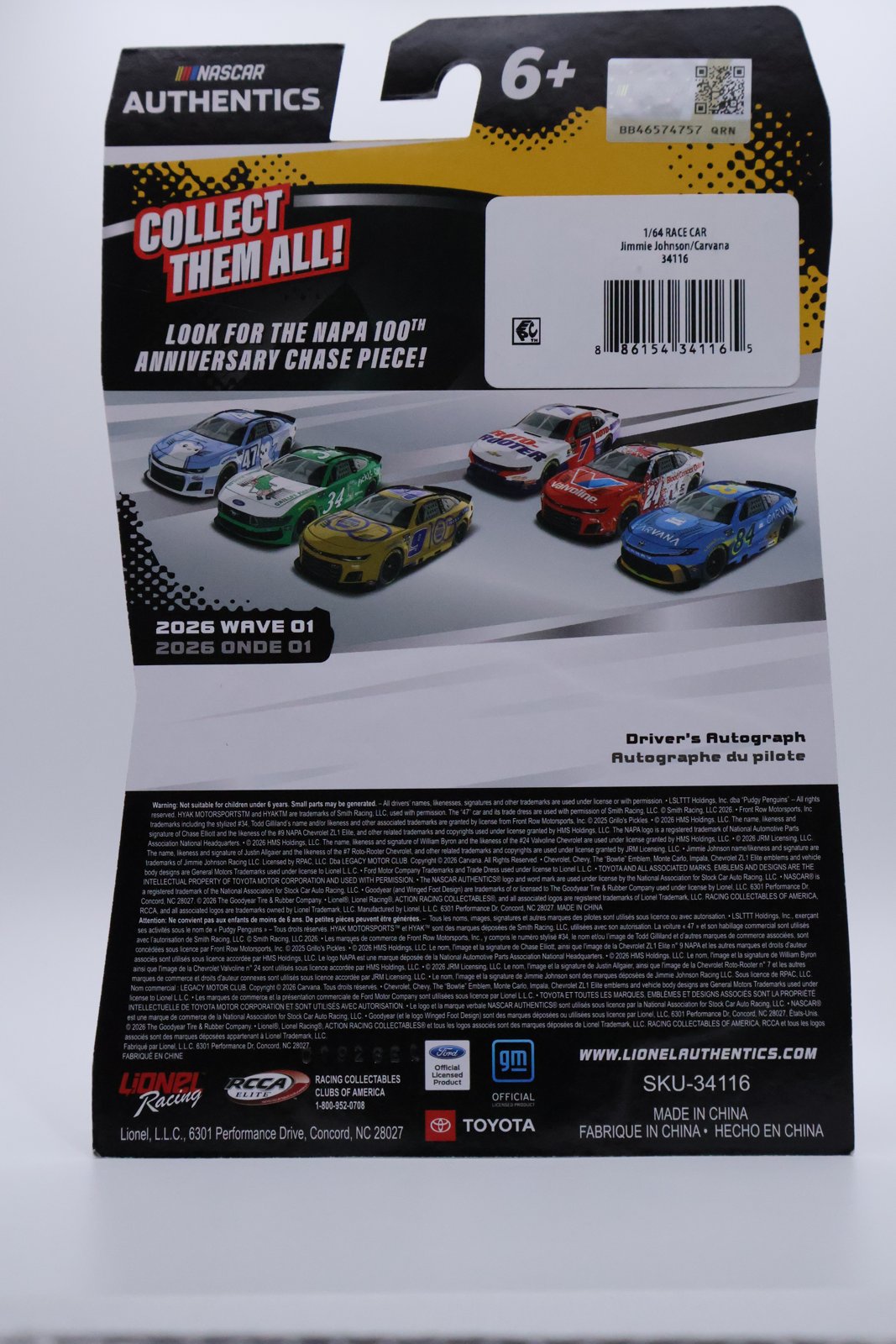 Jimmie Johnson #84 Carvana NASCAR Authentics 1:64 diecast, back of card