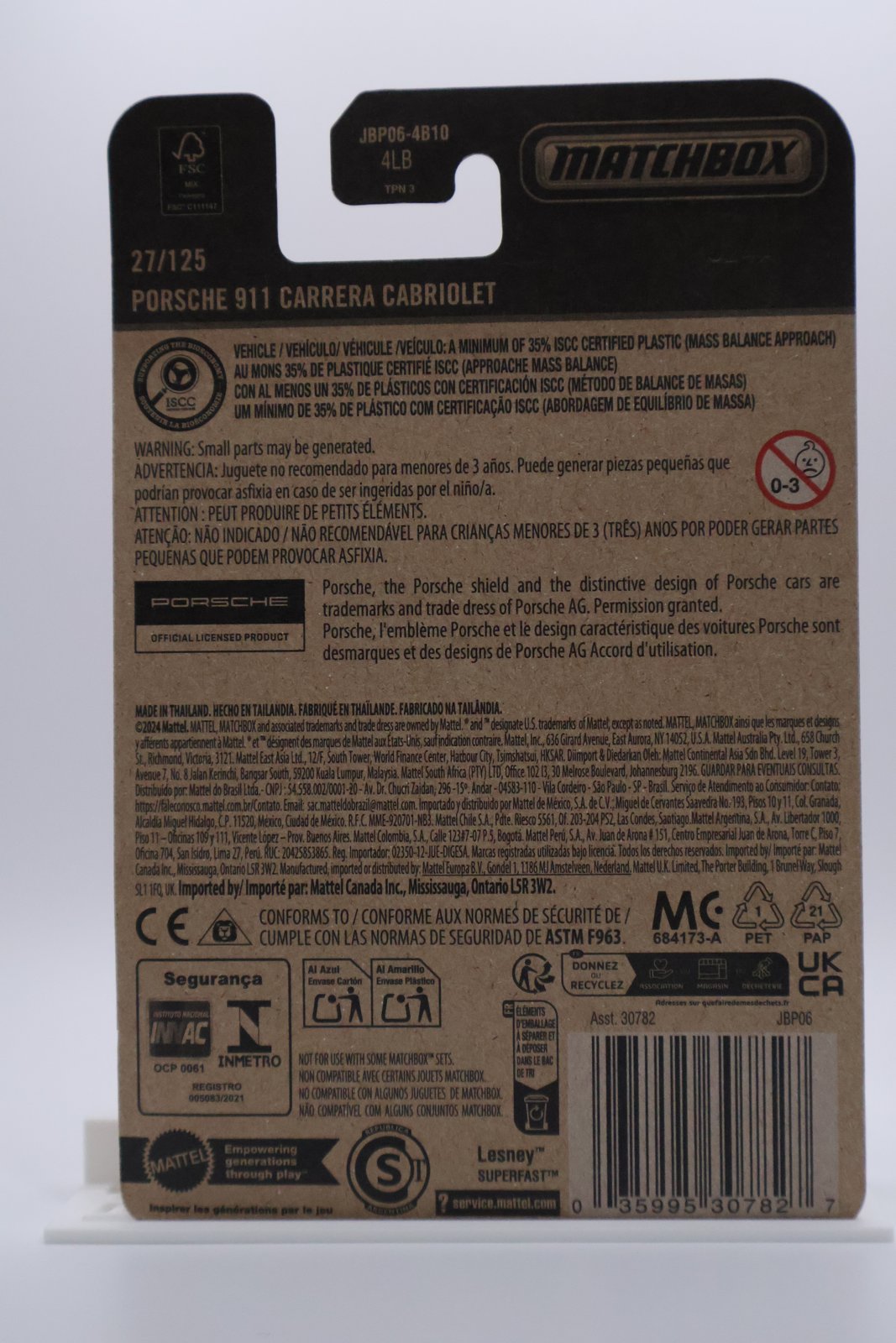 Matchbox Porsche 911 Carrera Cabriolet silver 1:64 diecast, back of card