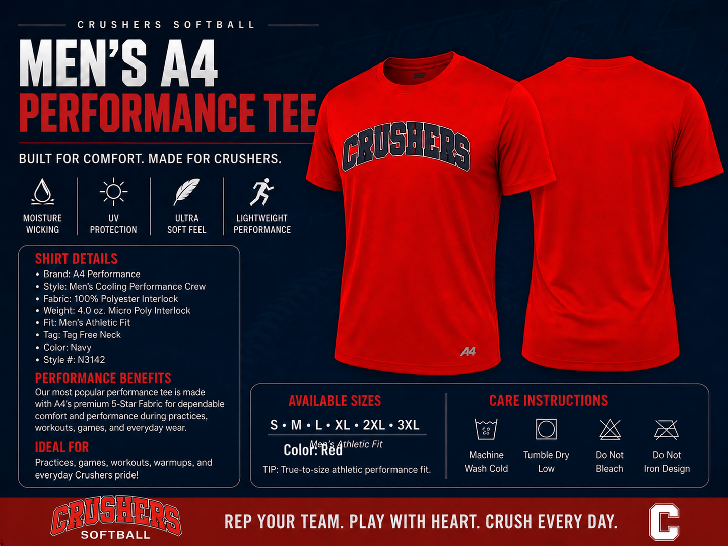 Crushers men's red A4 performance fan and coaches shirt product details