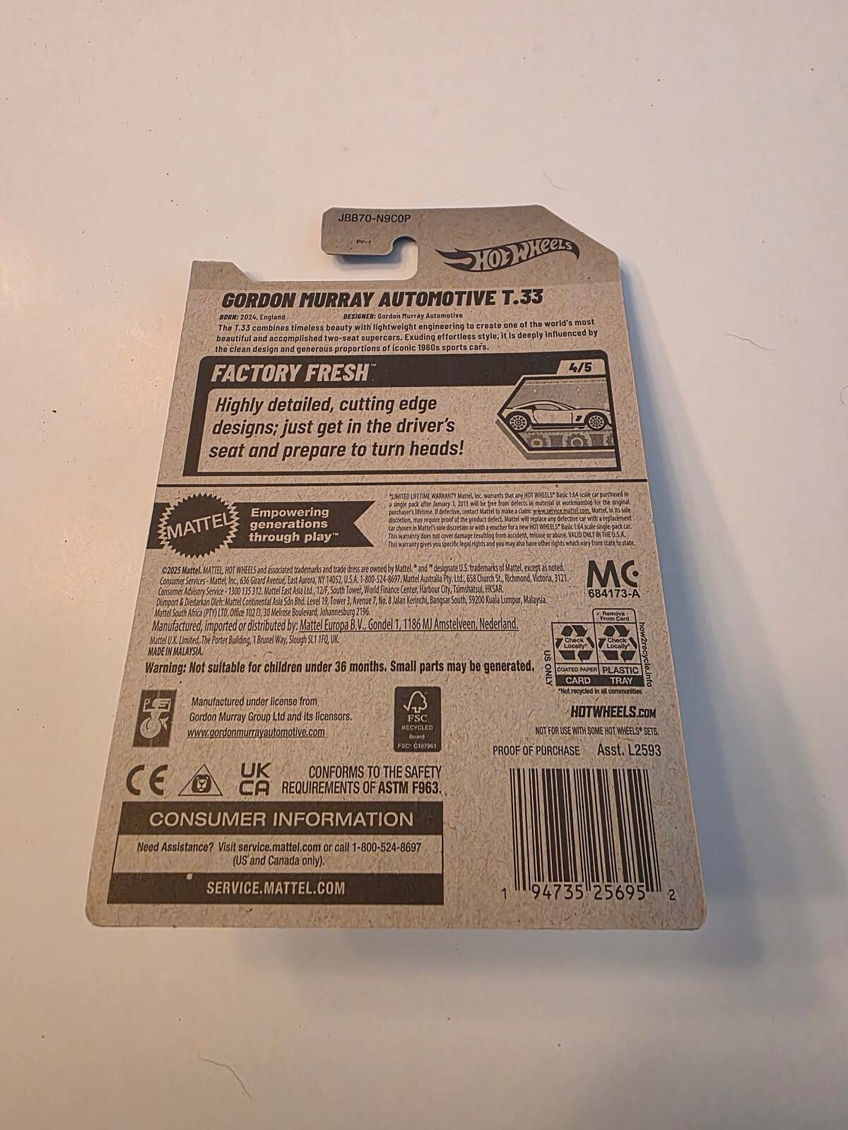 Hot Wheels Gordon Murray Automotive T.33 | Factory Fresh 4/5 | 90/250