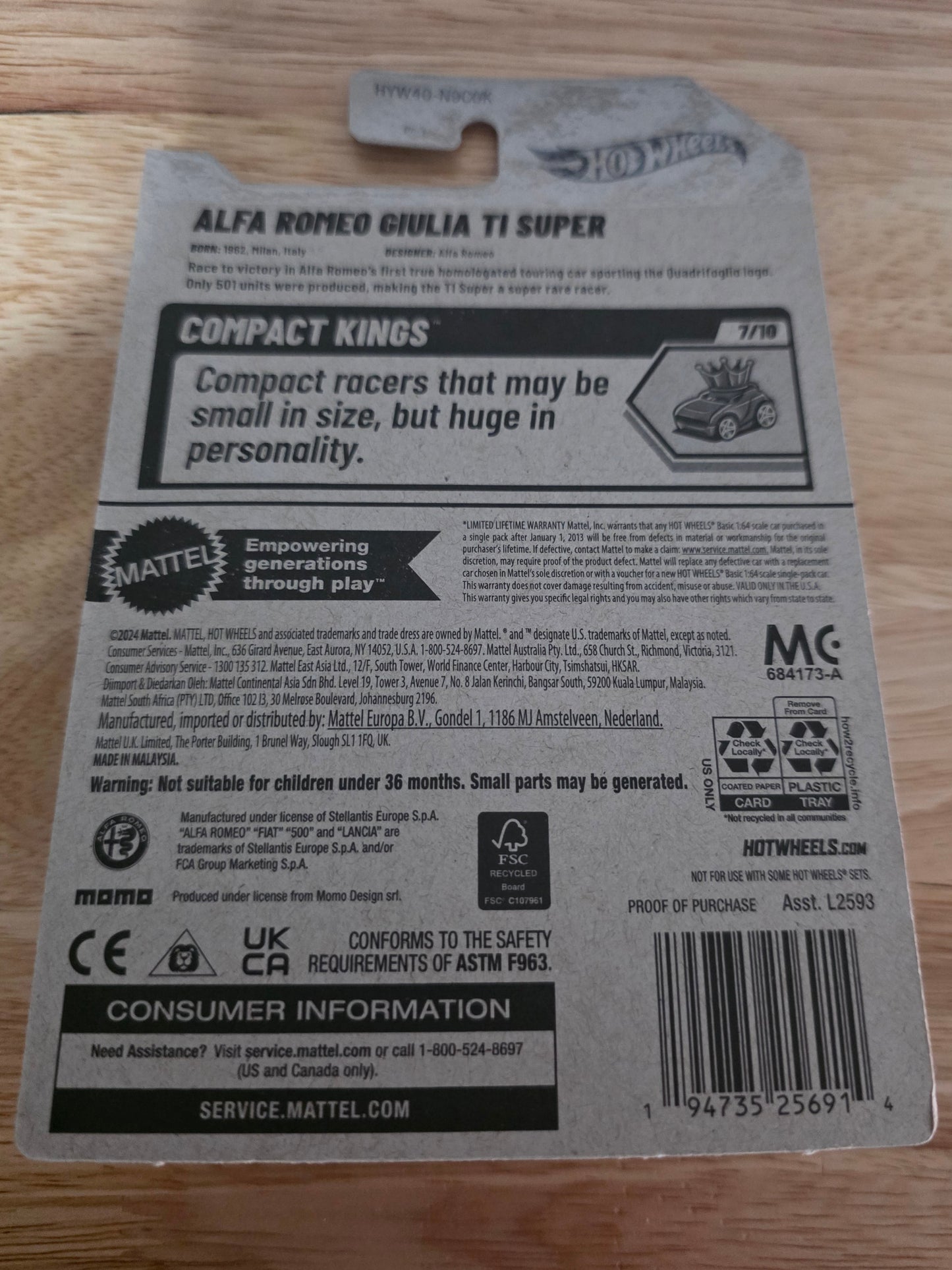 Hot Wheels Alfa Romeo Giulia TI Super 2025 Mainline Compact Kings 195/250 New