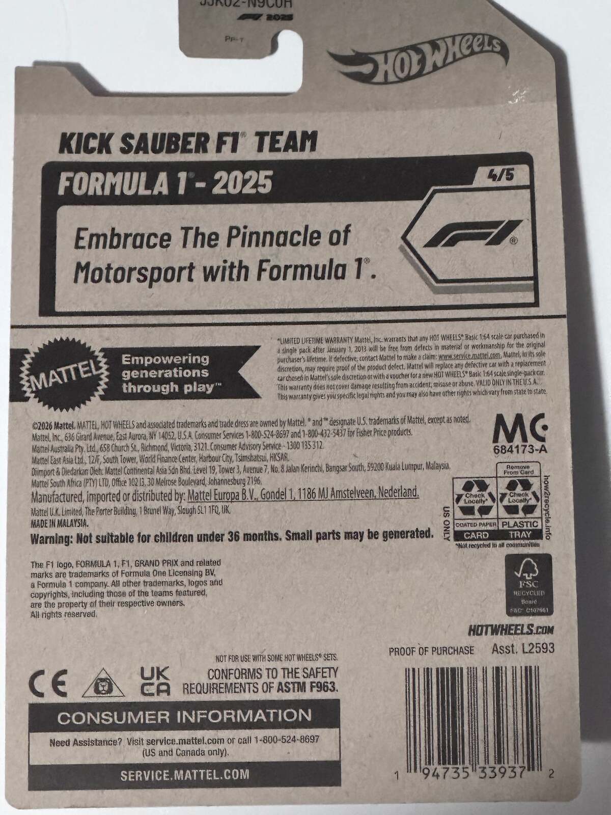 Hot Wheels F1 Kick Sauber F1 Team 4/5