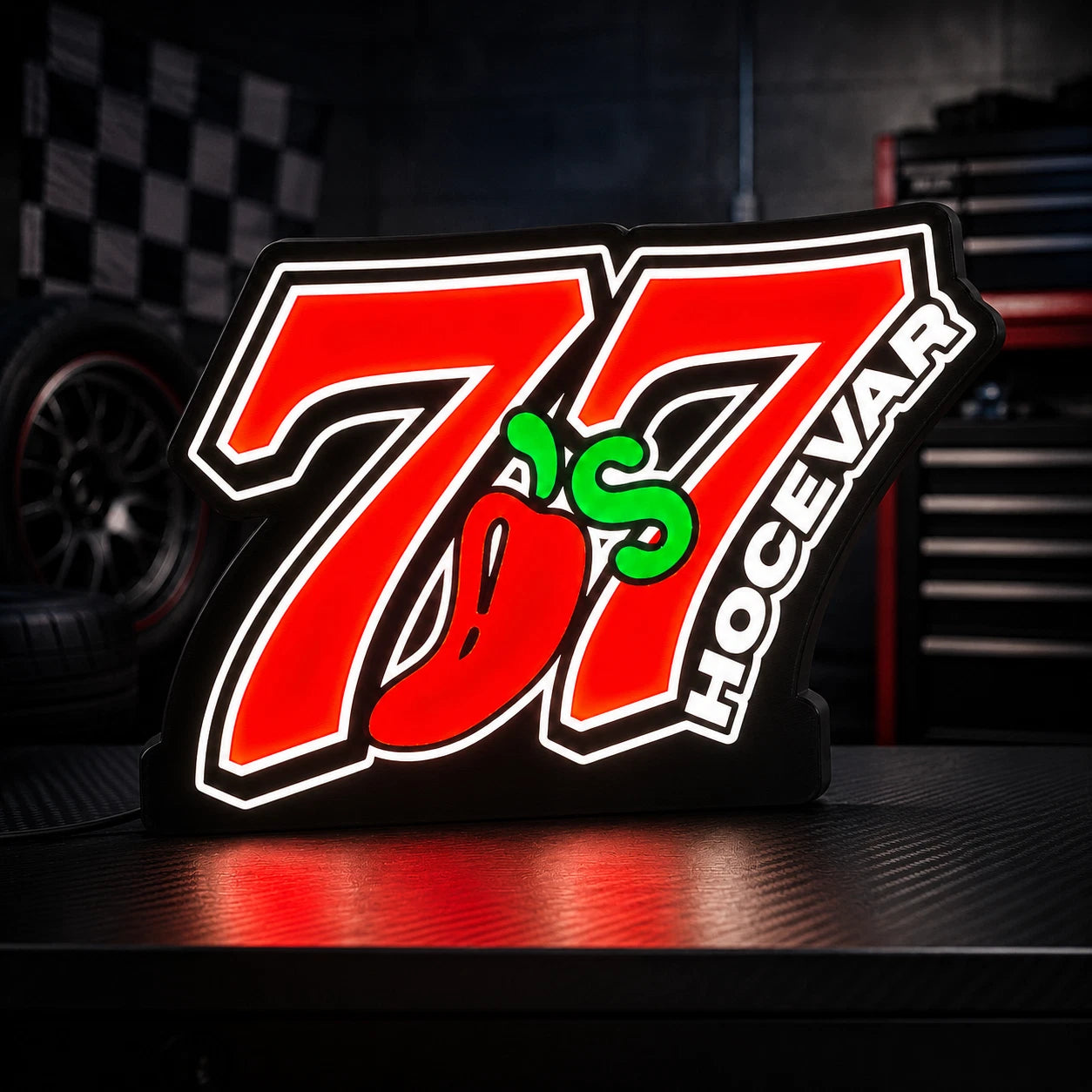 Illuminated 77 Hocevar-inspired racing light box sign