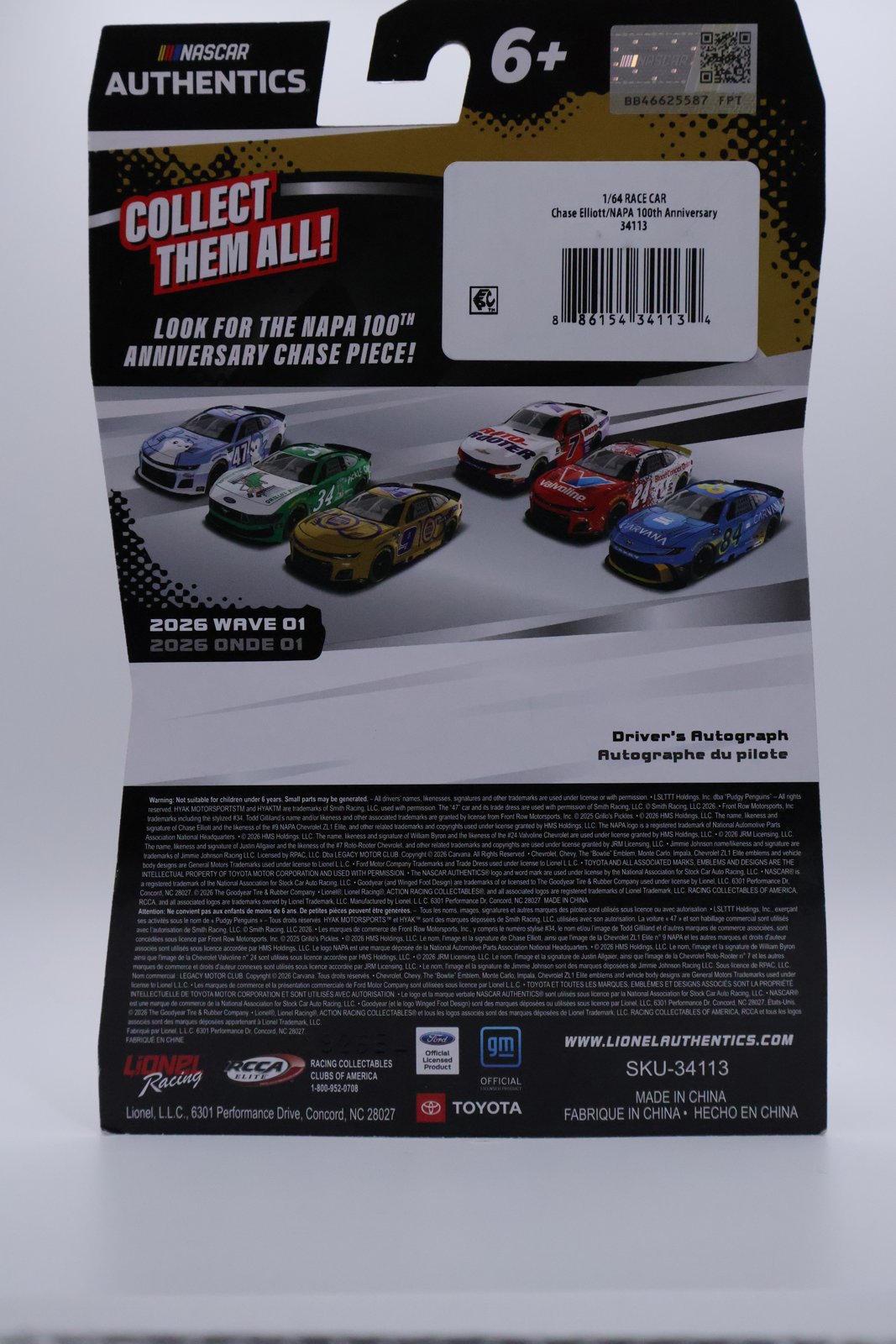 Chase Elliott #9 NAPA 100th Anniversary gold NASCAR Authentics 1:64 diecast, back of card
