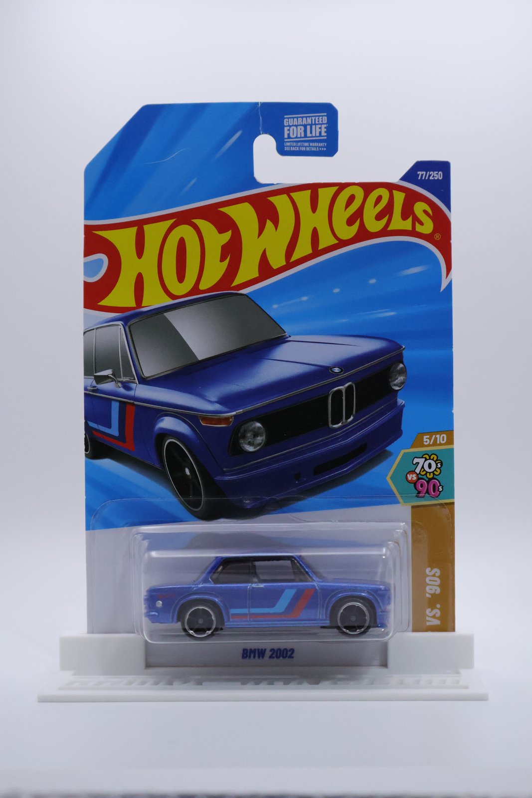 Hot Wheels BMW 2002 blue with M stripes 70s vs 90s 1:64 diecast, front of card