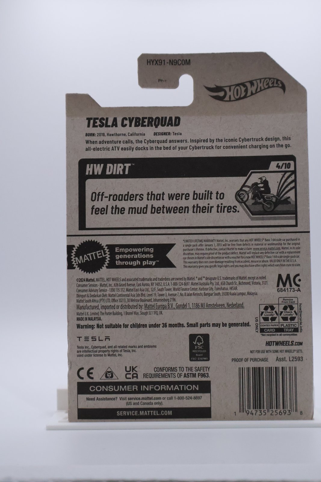 Hot Wheels Tesla Cyberquad black HW Dirt 1:64 diecast, back of card
