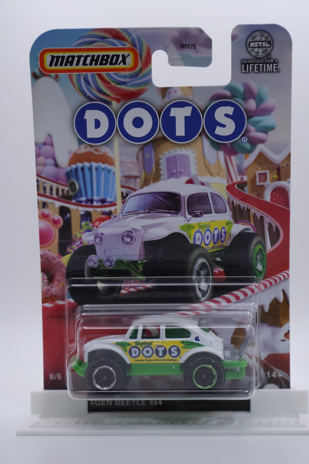 Matchbox Volkswagen Beetle 4x4 Tropical DOTS candy livery 1:64 diecast, front of card