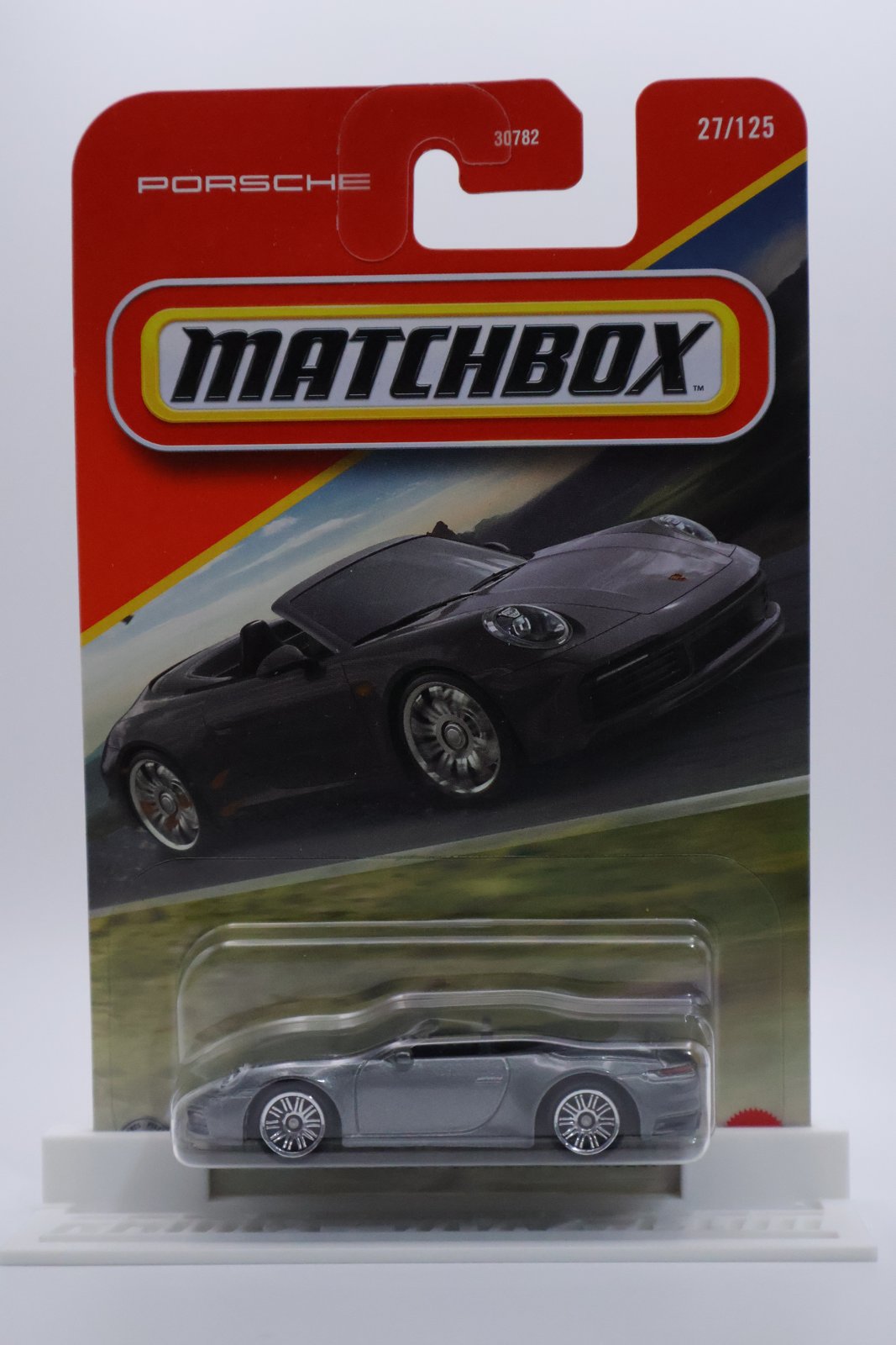 Matchbox Porsche 911 Carrera Cabriolet silver 1:64 diecast, front of card