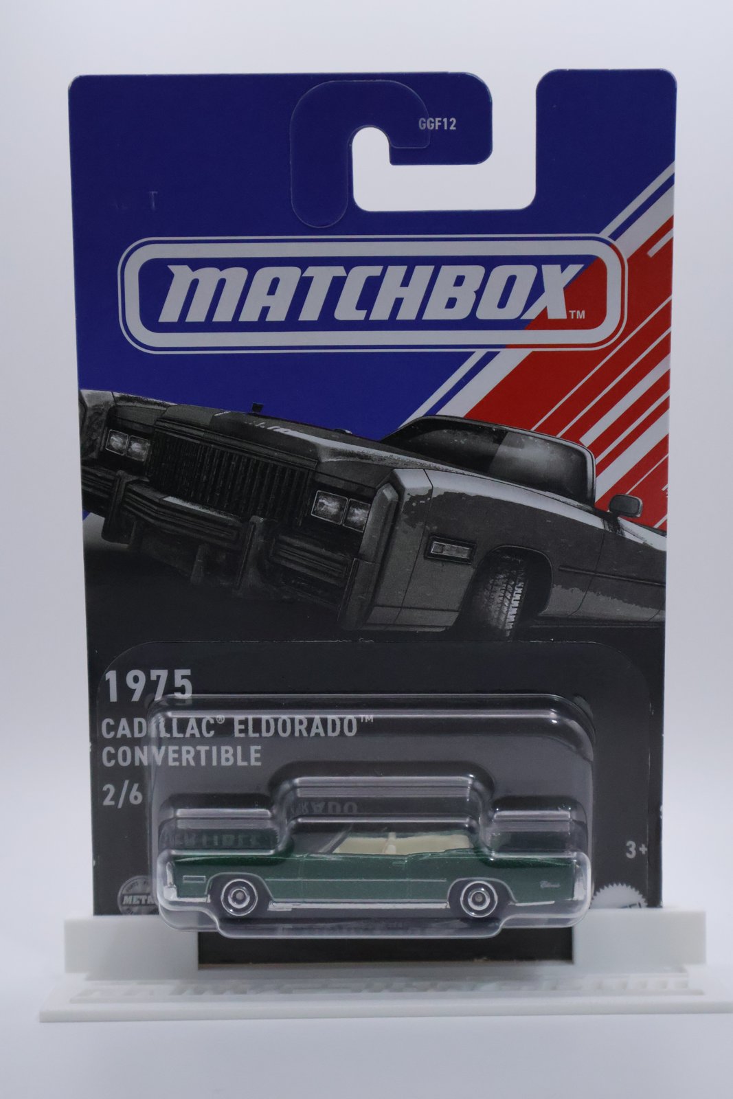 Matchbox 1975 Cadillac Eldorado Convertible green 1:64 diecast, front of card