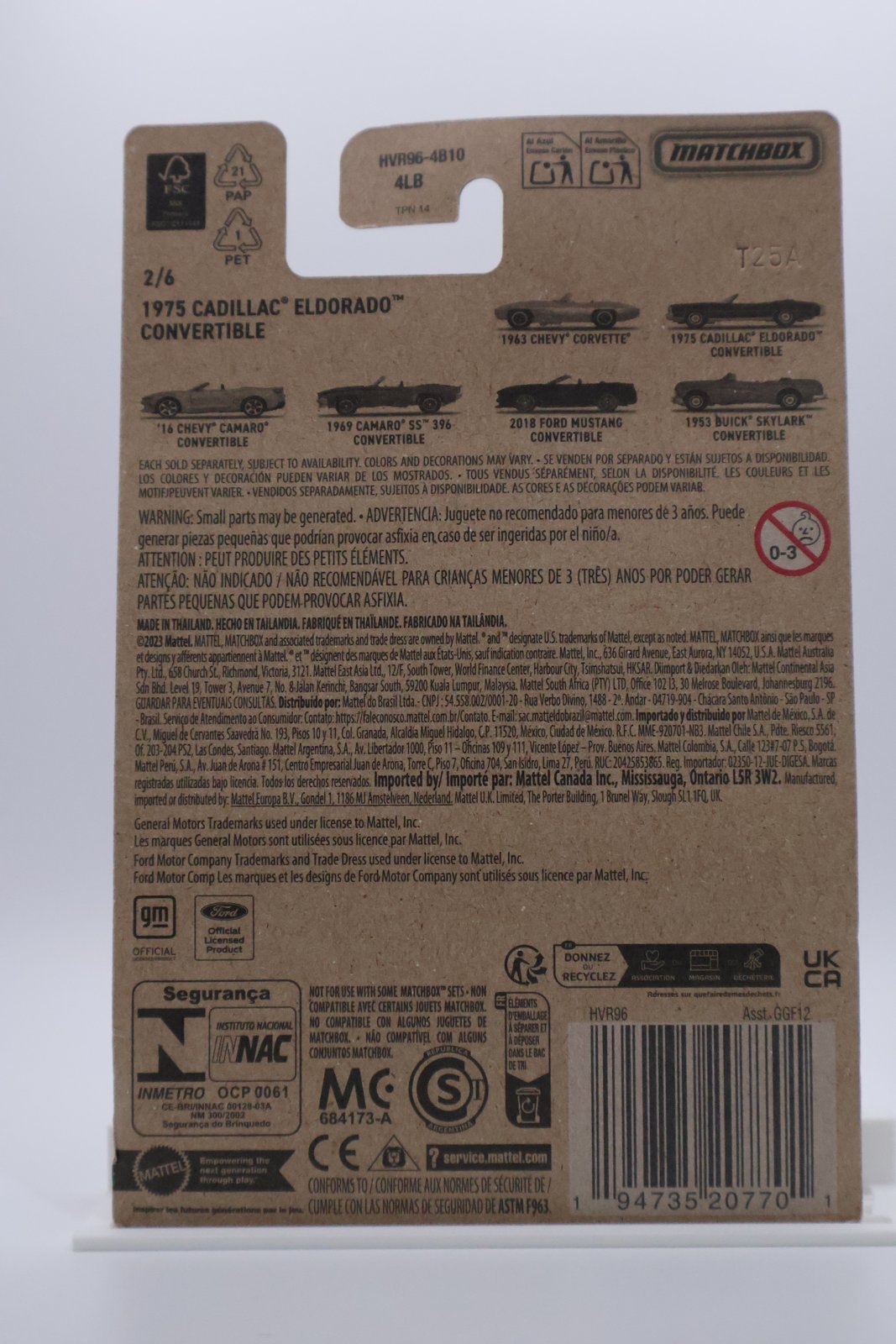 Matchbox 1975 Cadillac Eldorado Convertible green 1:64 diecast, back of card