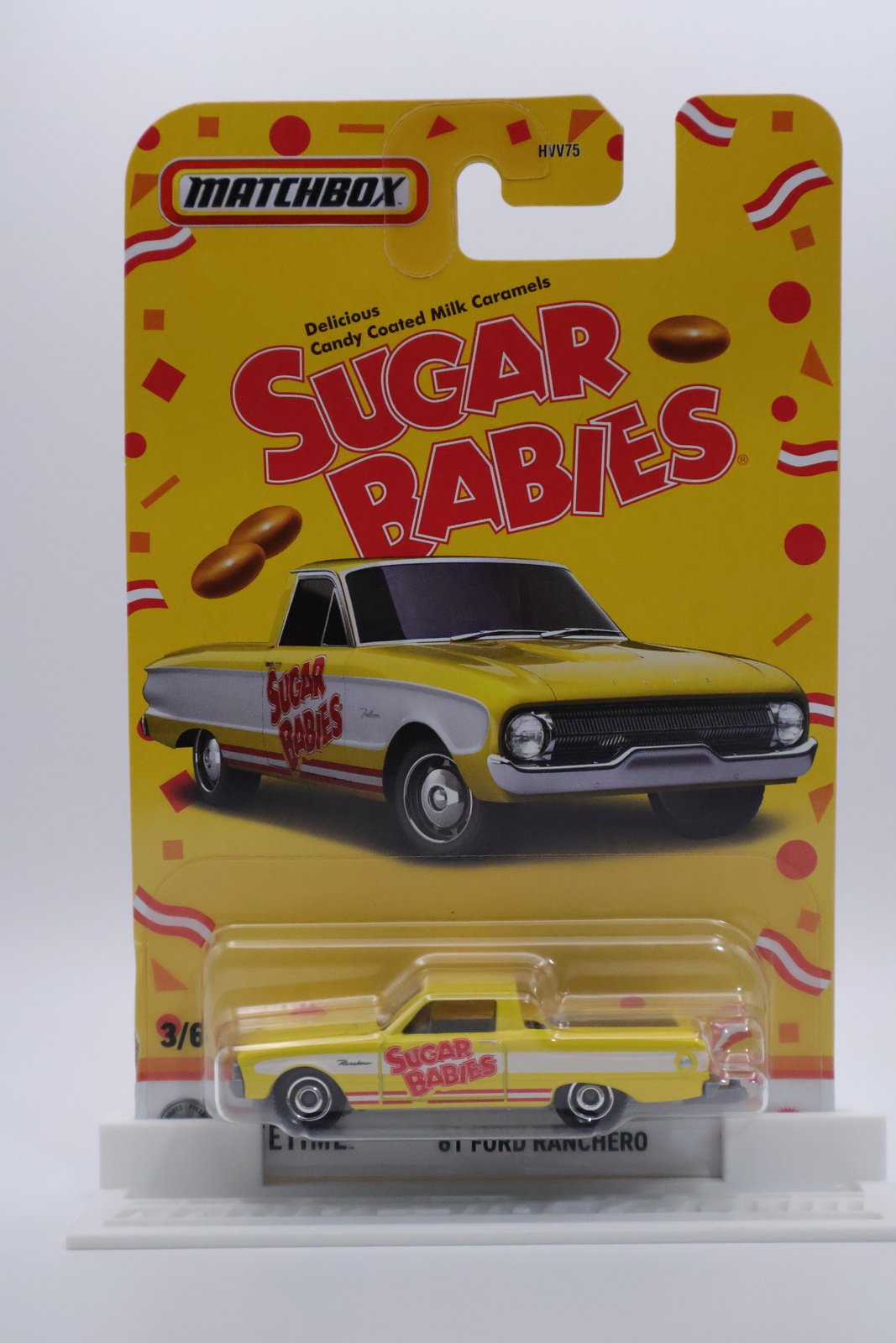 Matchbox 61 Ford Ranchero yellow Sugar Babies 1:64 diecast, front of card