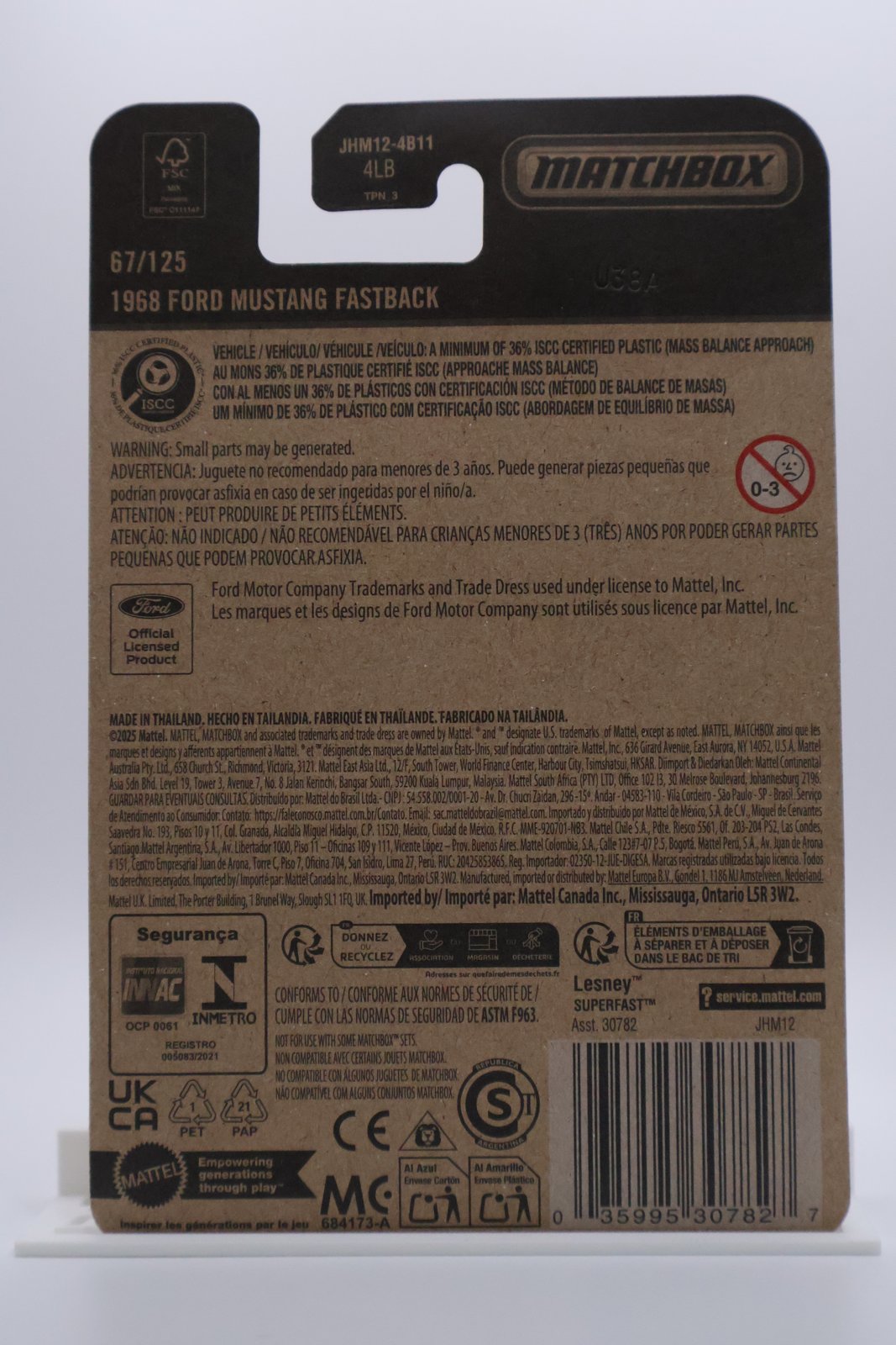 Matchbox 1968 Ford Mustang Fastback light blue 1:64 diecast, back of card