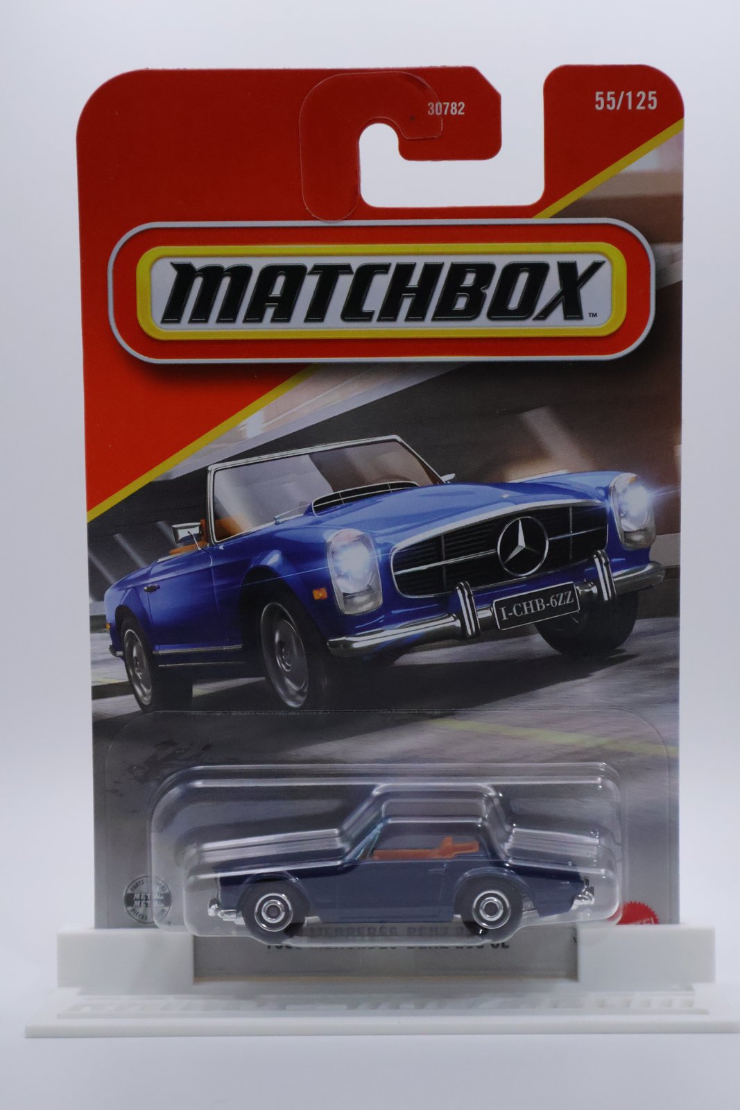 Matchbox 1963 Mercedes-Benz 230 SL blue 1:64 diecast, front of card