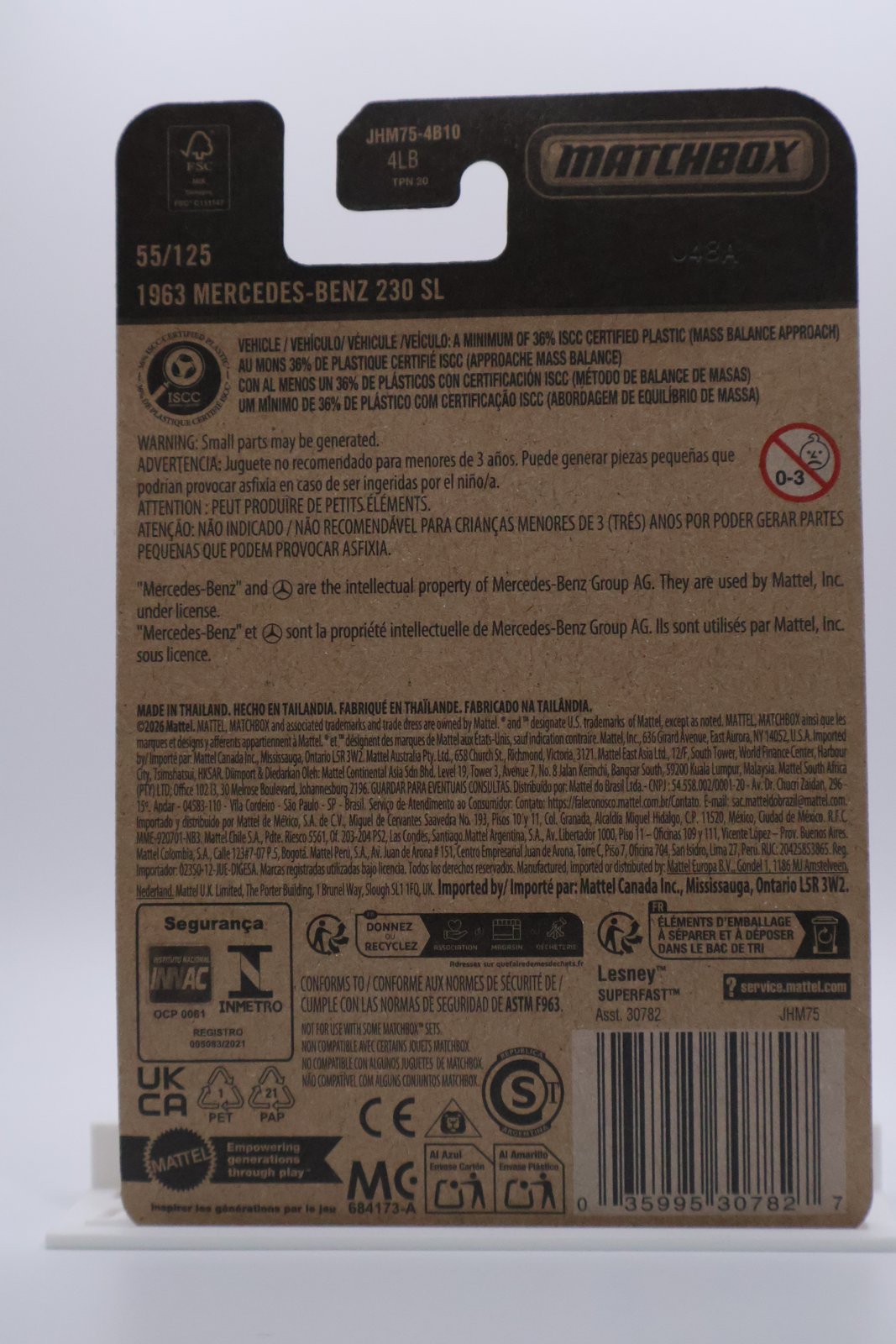 Matchbox 1963 Mercedes-Benz 230 SL blue 1:64 diecast, back of card