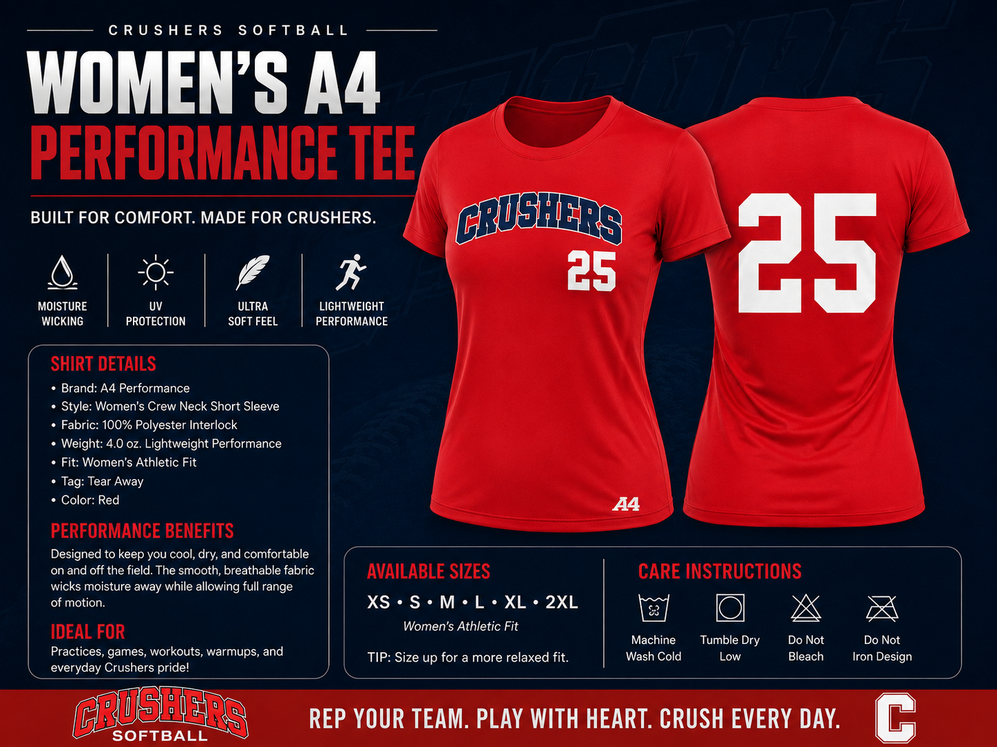 Crushers red A4 performance jersey with custom player number