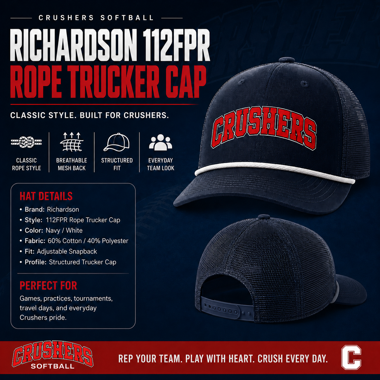 Crushers Richardson 112FPR navy and white rope trucker cap mockup