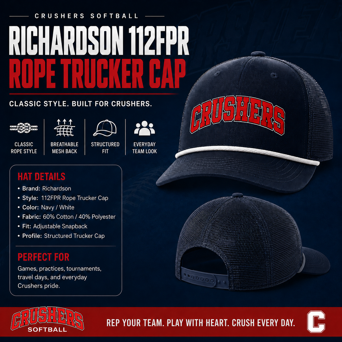 Crushers Richardson 112FPR navy and white rope trucker cap mockup
