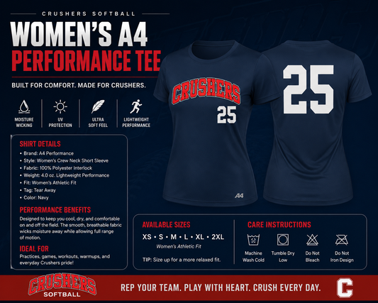 Crushers women's A4 navy performance jersey number 25 front and back