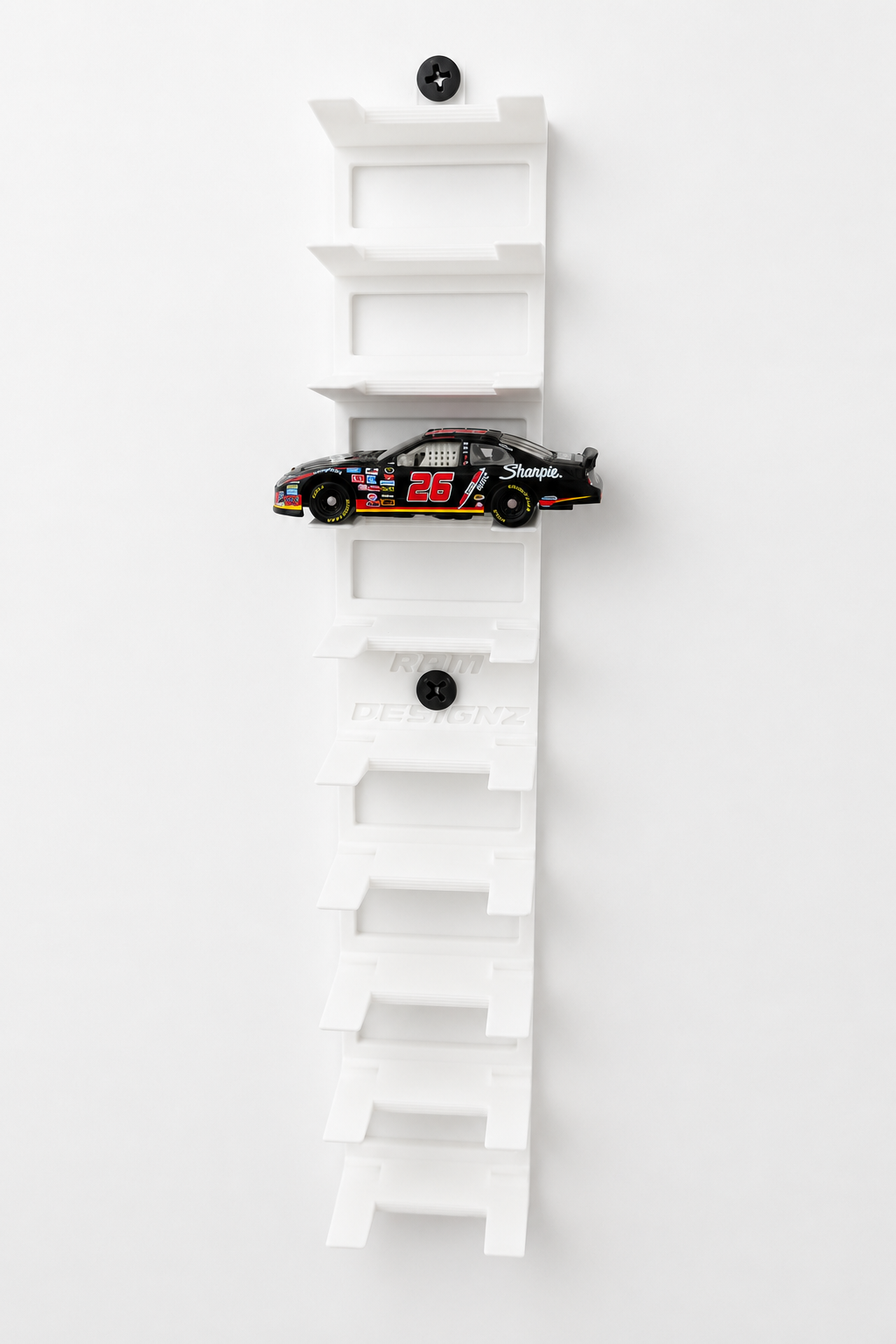RAM Designz 10-car 1/64 scale NASCAR wall display with Sharpie number 26 diecast