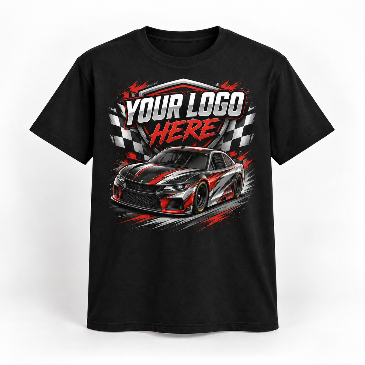 Custom racing T-shirt example with Your Logo Here