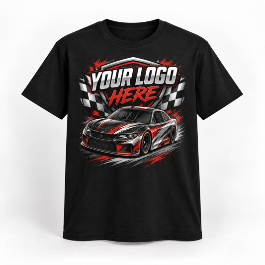 Custom racing T-shirt example with Your Logo Here