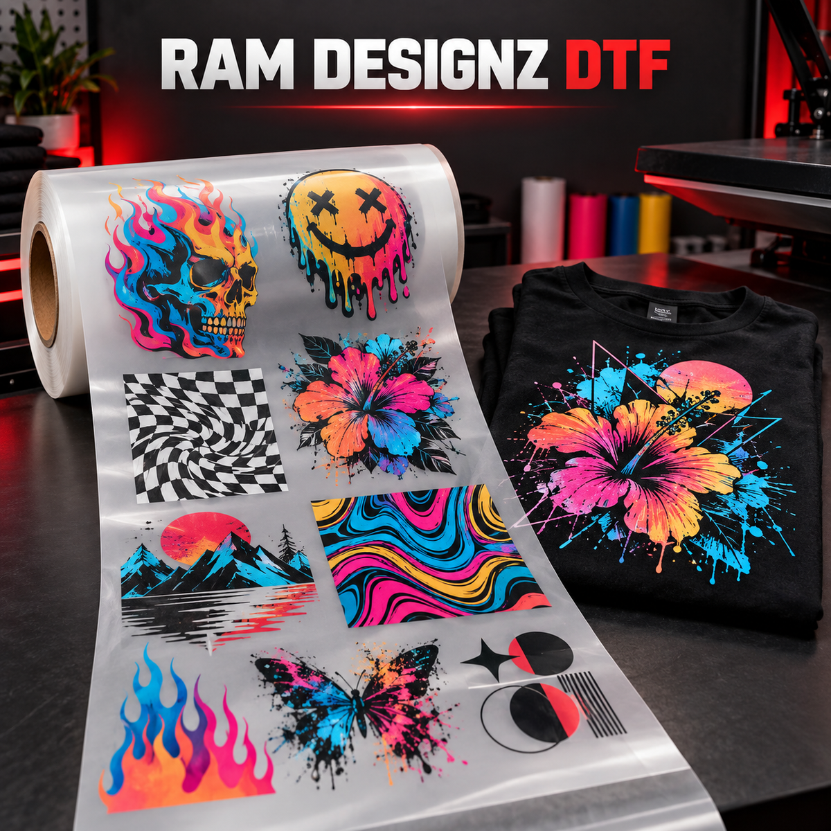 RAM Designz custom DTF gang sheet and finished shirt